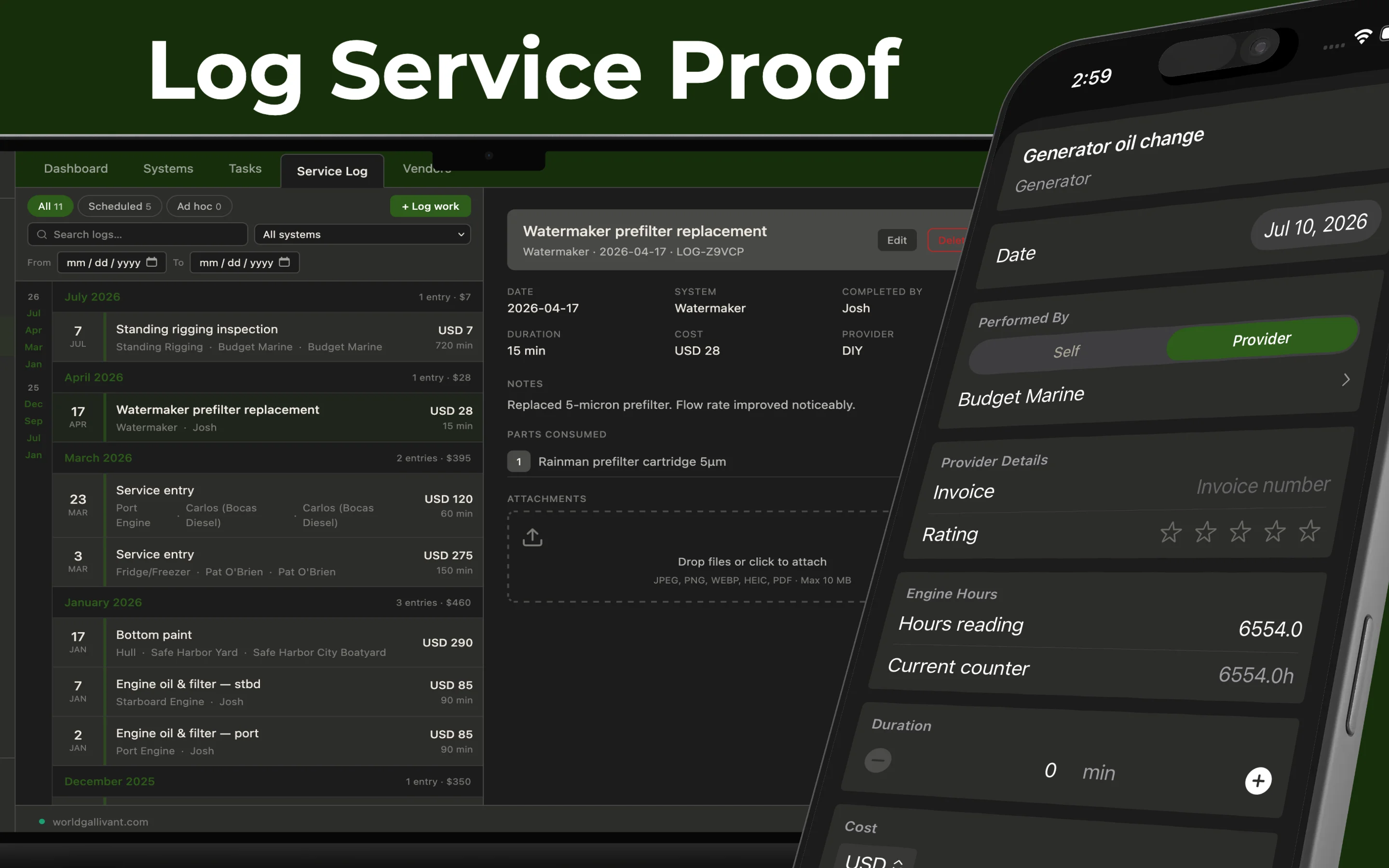 Service log timeline with entry details, parts consumed, and attachments