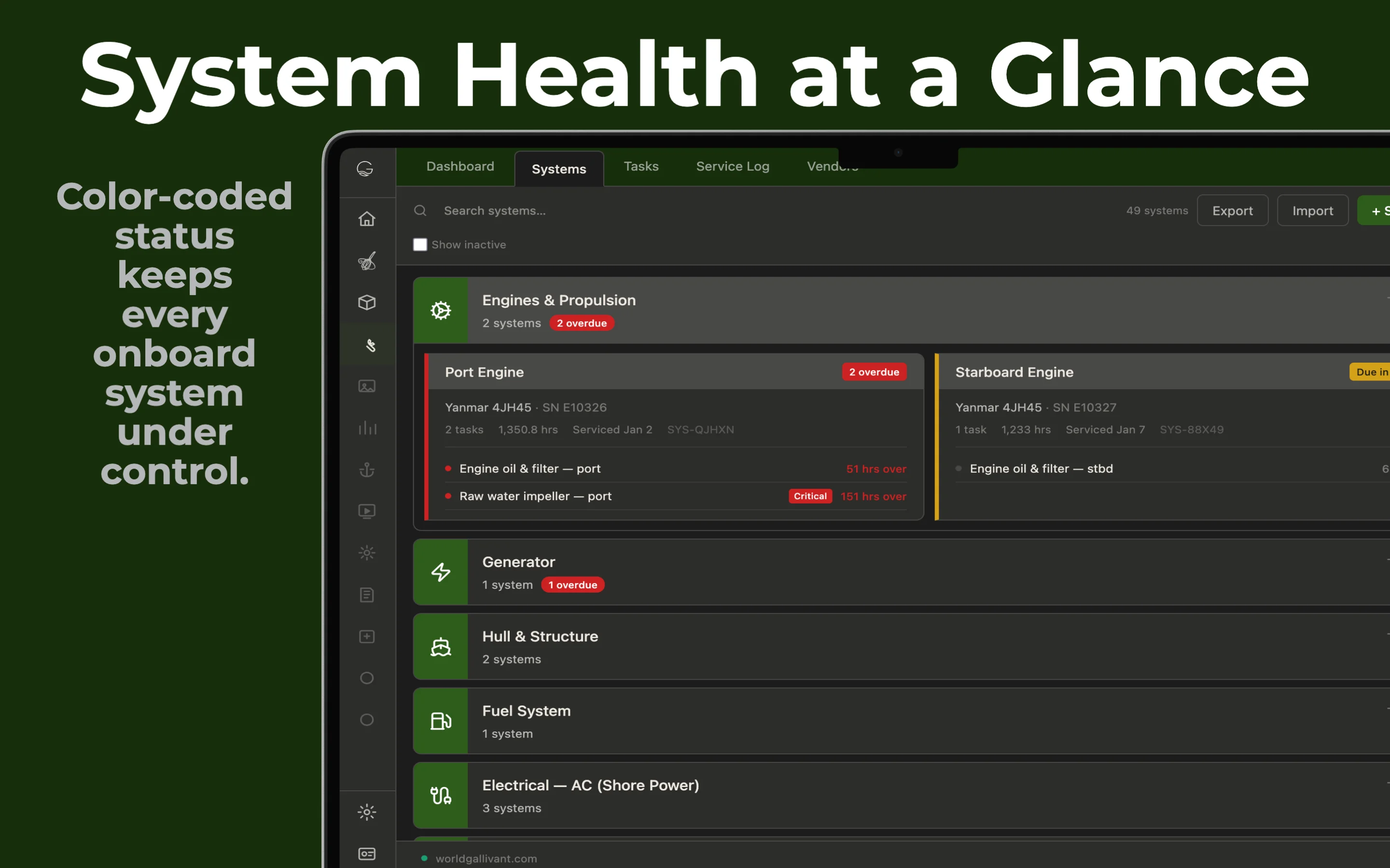 Systems registry with color-coded status for engines, hull, electrical, and fuel