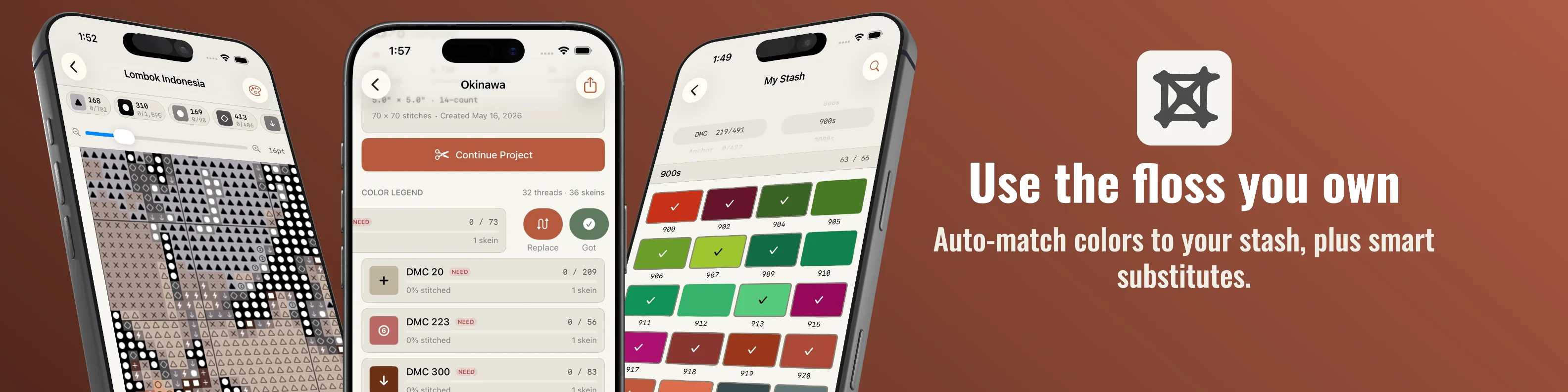 Pixelcloth — track stitching, manage your stash, auto-match colors