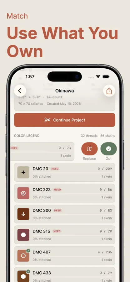 Project color legend showing which threads you need