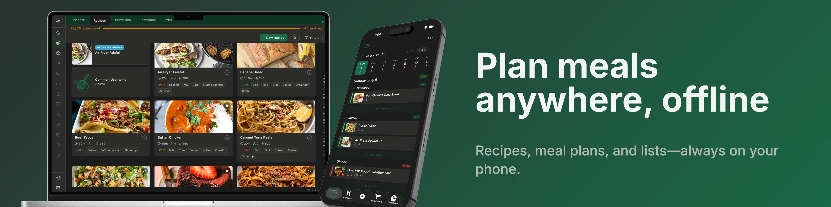 Plan meals anywhere, offline — recipes, meal plans, and lists on your phone