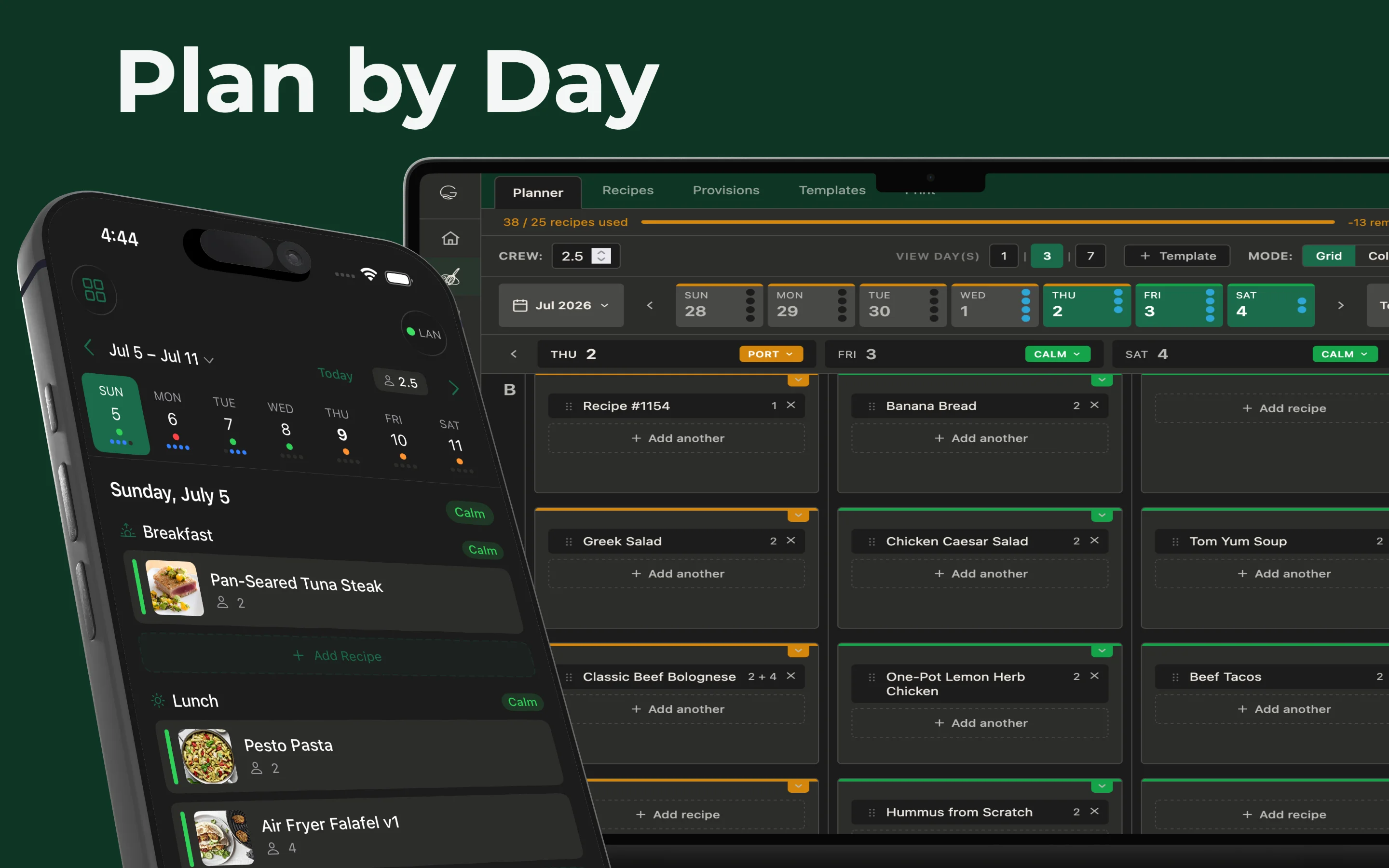 Meal planner on web and iPhone — plan by day with sea state