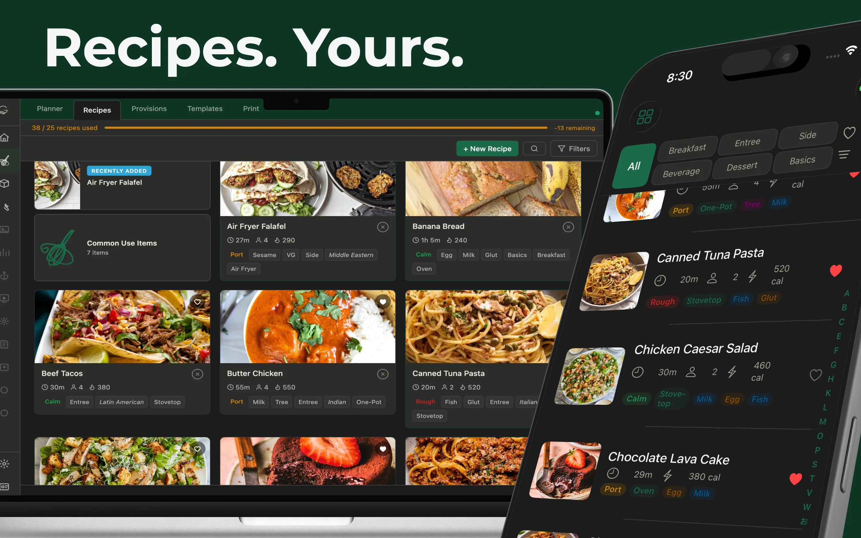 Recipes on web and iPhone — browse, filter, favourite