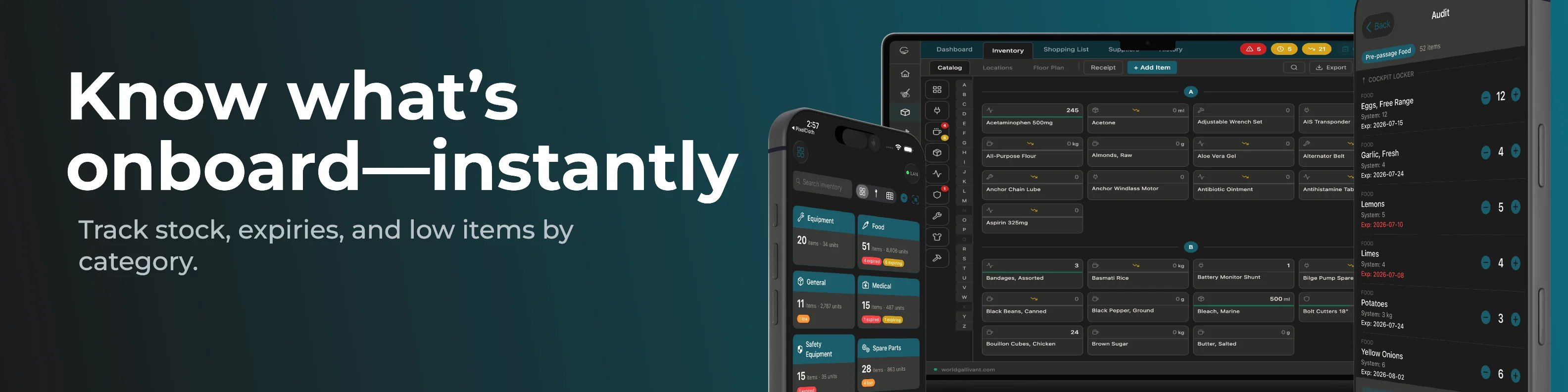 Know what's onboard instantly — track stock, expiries, and low items by category