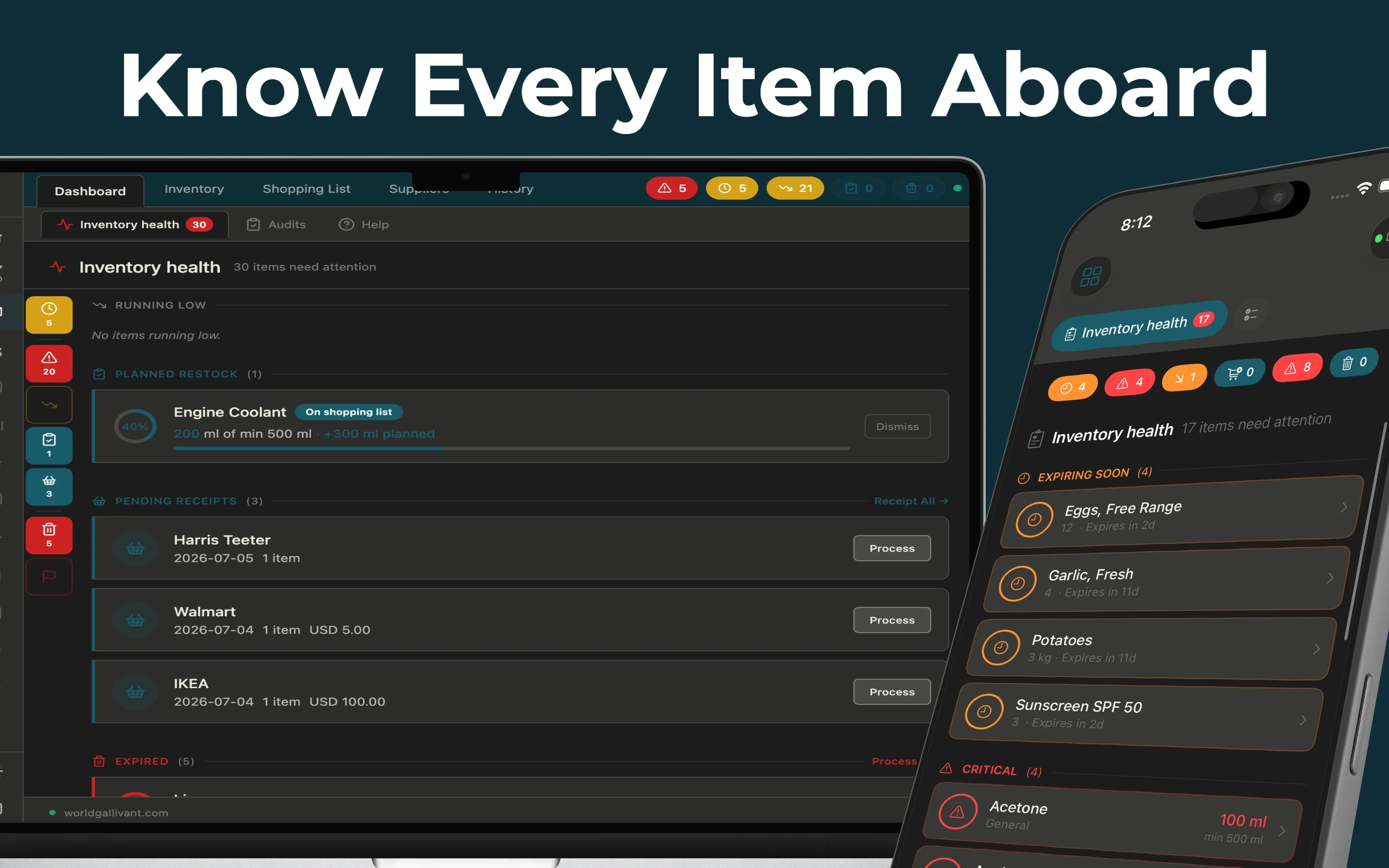 StorageOS dashboard with inventory health, expiring items, and pending receipts